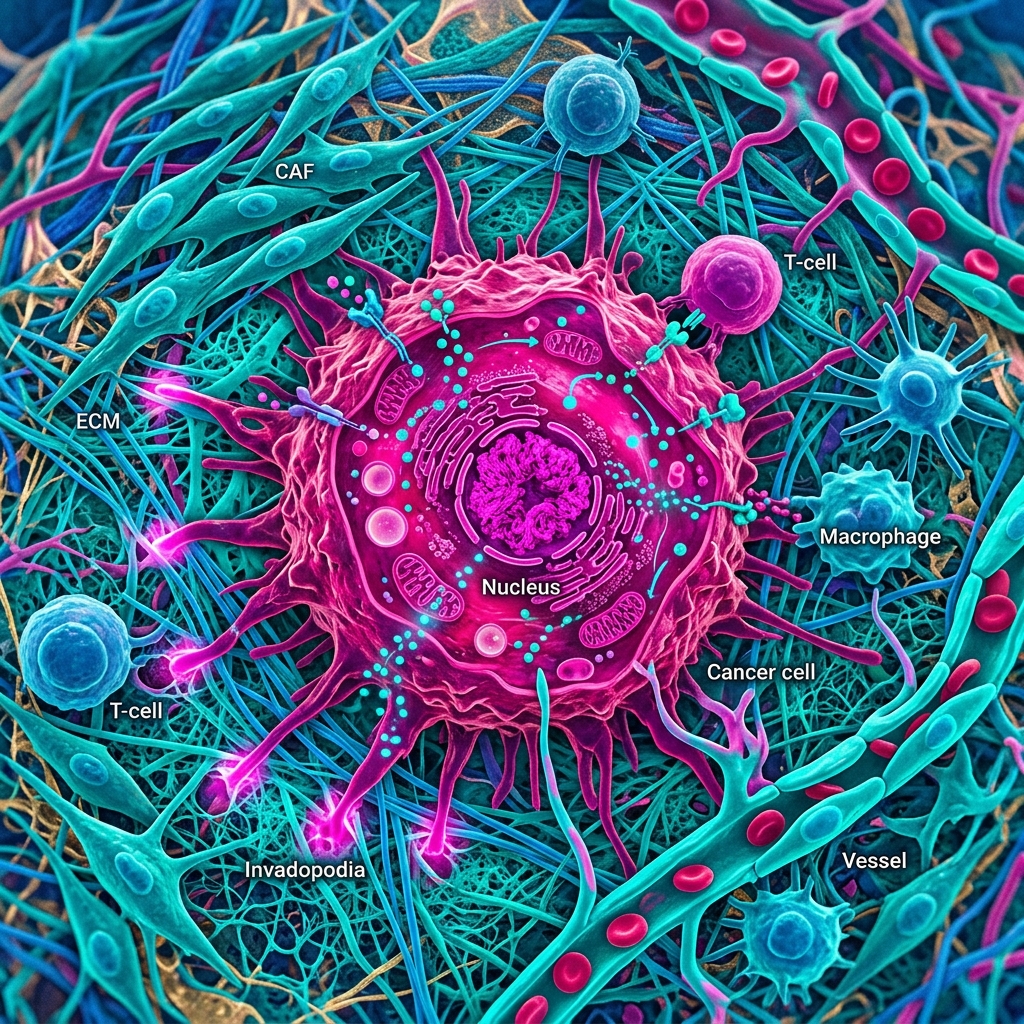 Cancer Biology and Therapeutics Textbook Cover — featuring a detailed illustration of the tumor microenvironment with labeled T-cells, ECM, and invasion pathways
